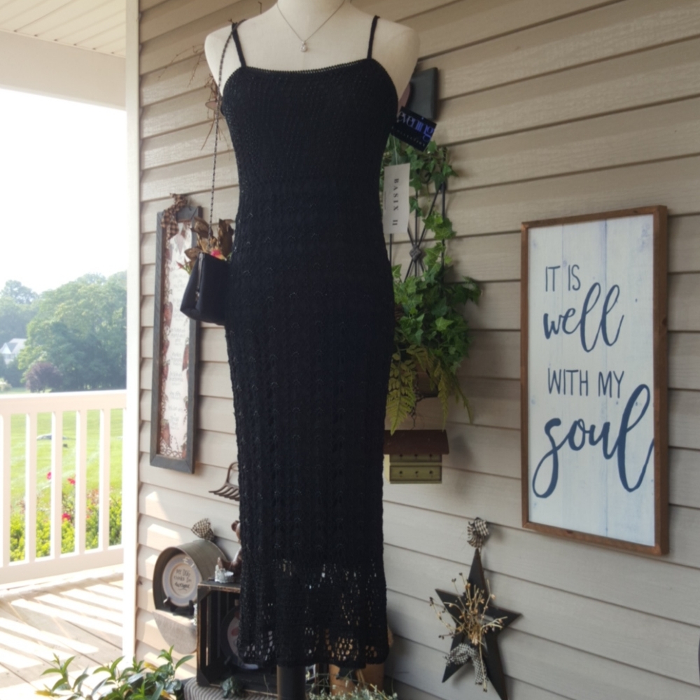 BASIX II ♡ NEW Gorgeous Black Beaded Black Crocheted|Embellished Evening Dress S